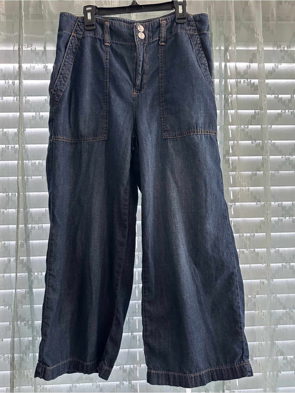 Seven7 High Rise Wide Leg Cropped Jeans Blue Patch Pockets Size 6